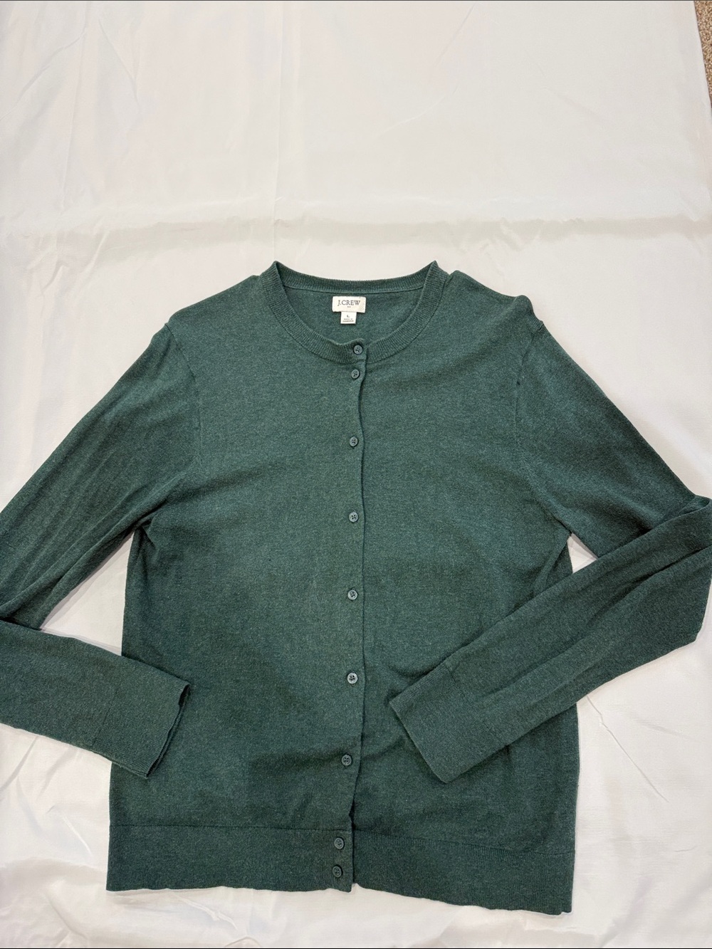 J. Crew Factory Dark Green Button-Front Crewneck Cardigan— Large